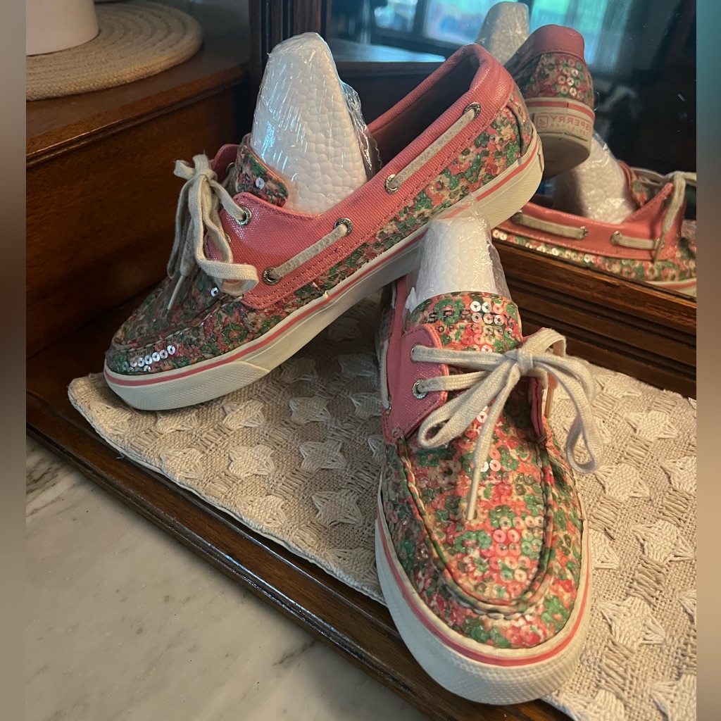 Sperry Top-Sider Classic Floral Sequined Casual Boat Shoes Pink Green Wms Sz 7.5